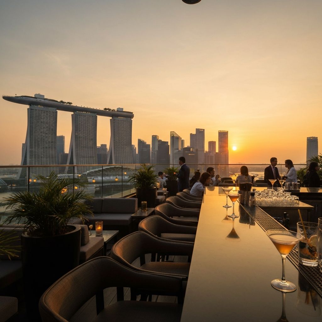 Rooftop bar in Singapore at sunset